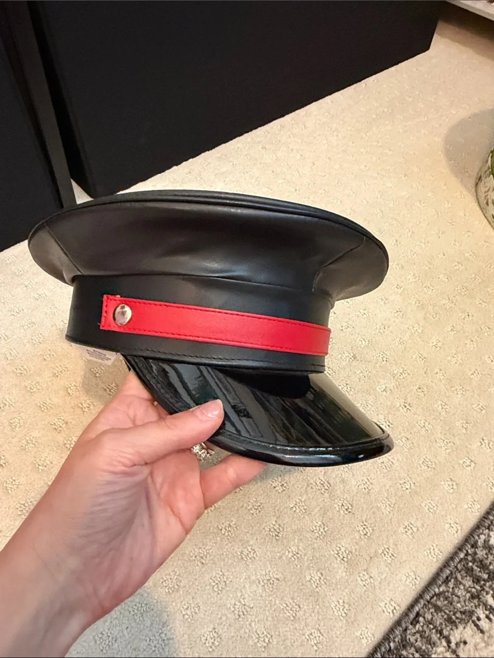 Black and Red Leather-Look Peaked Captain hat